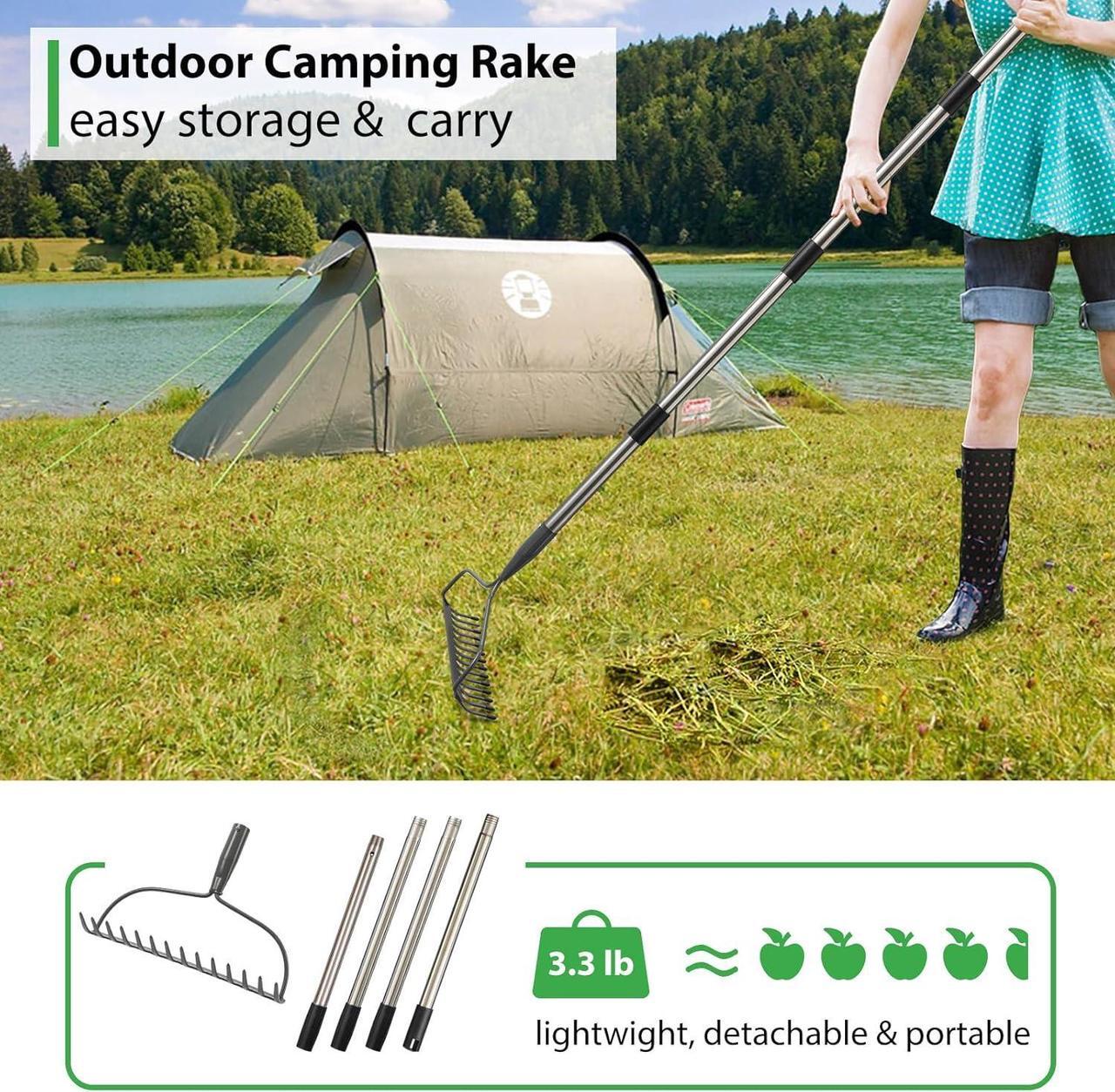 Alt view image 7 of 7 - Garden Rake, 6 FT Bow Rakes for Lawns Heavy Duty, Yard Metal Rake with Adjustable Long Handle, 14 Tines Rake Head, Gardening Tool for Loosen Soil, Gather Leaves, Level Mulch, Remove Debris