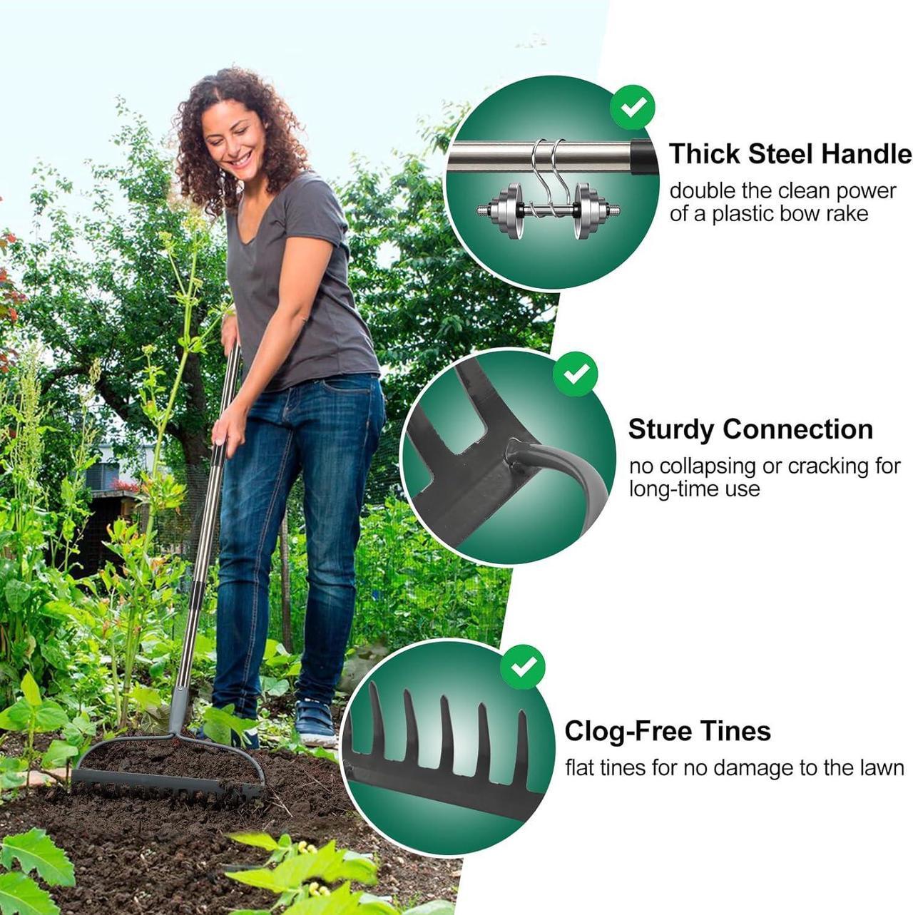Alt view image 6 of 7 - Garden Rake, 6 FT Bow Rakes for Lawns Heavy Duty, Yard Metal Rake with Adjustable Long Handle, 14 Tines Rake Head, Gardening Tool for Loosen Soil, Gather Leaves, Level Mulch, Remove Debris
