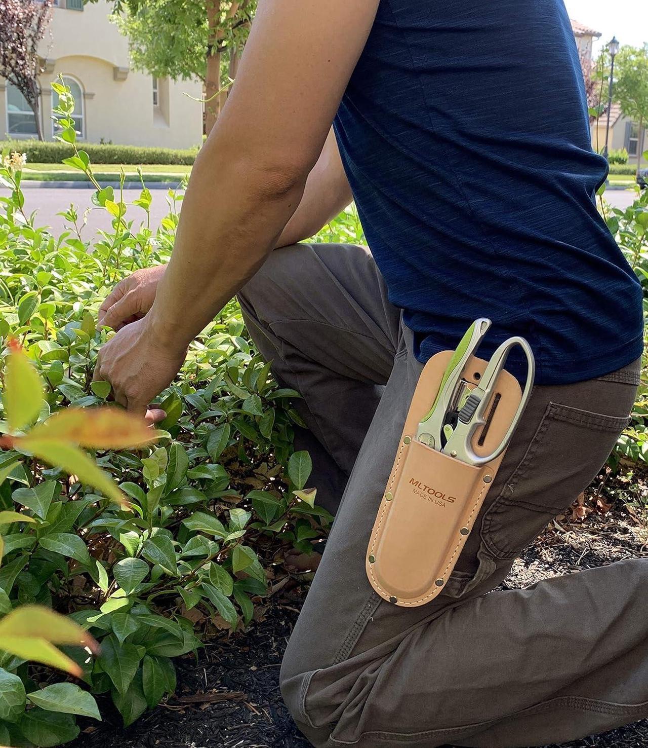Alt view image 2 of 6 - Leather Holster for Pruning Shears | Made in USA | 100% Fine Grain Leather | Gardening Equipment Case with Steel Metal Clip | Nifty Pouch for Hand Pruners | Wide Belt Slits