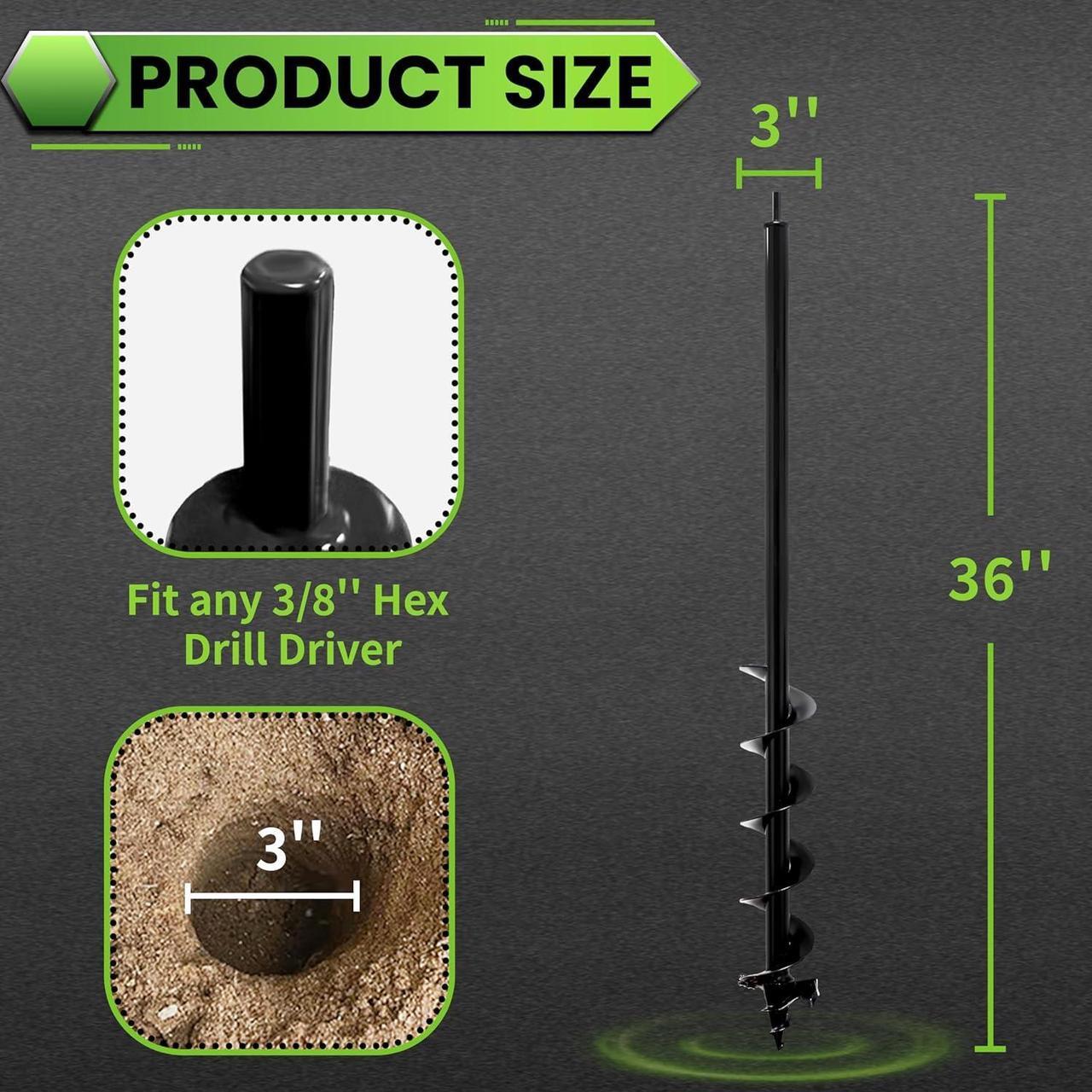 Alt view image 2 of 7 - SYITCUN Auger Drill Bit for Planting - 3"X36" Heavy-Duty Garden Auger Spiral Drill Bit - Bulb Planter Tool & Auger Post Hole Digger - 3/8" Hex Drive Drill