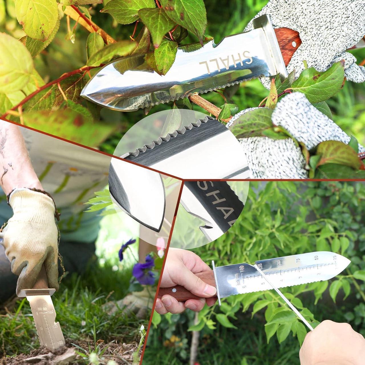 Alt view image 2 of 7 - SHALL Hori Hori, Japanese Garden Knife, Soil Knife with Leather Sheath, Rosewood Handle & Hide Rope, 7 Stainless Steel Blade, Rope Cutting Edge, for Digging, Weeding, Planting, Full-Tang