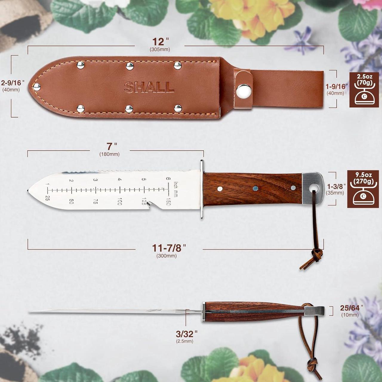 Alt view image 3 of 7 - SHALL Hori Hori, Japanese Garden Knife, Soil Knife with Leather Sheath, Rosewood Handle & Hide Rope, 7 Stainless Steel Blade, Rope Cutting Edge, for Digging, Weeding, Planting, Full-Tang