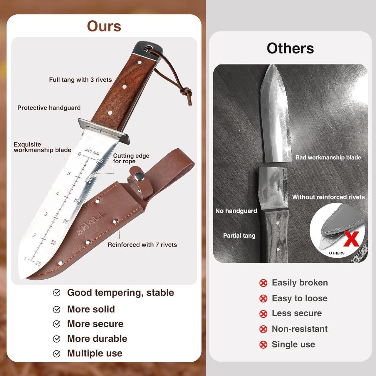 Alt view image 4 of 7 - SHALL Hori Hori, Japanese Garden Knife, Soil Knife with Leather Sheath, Rosewood Handle & Hide Rope, 7 Stainless Steel Blade, Rope Cutting Edge, for Digging, Weeding, Planting, Full-Tang