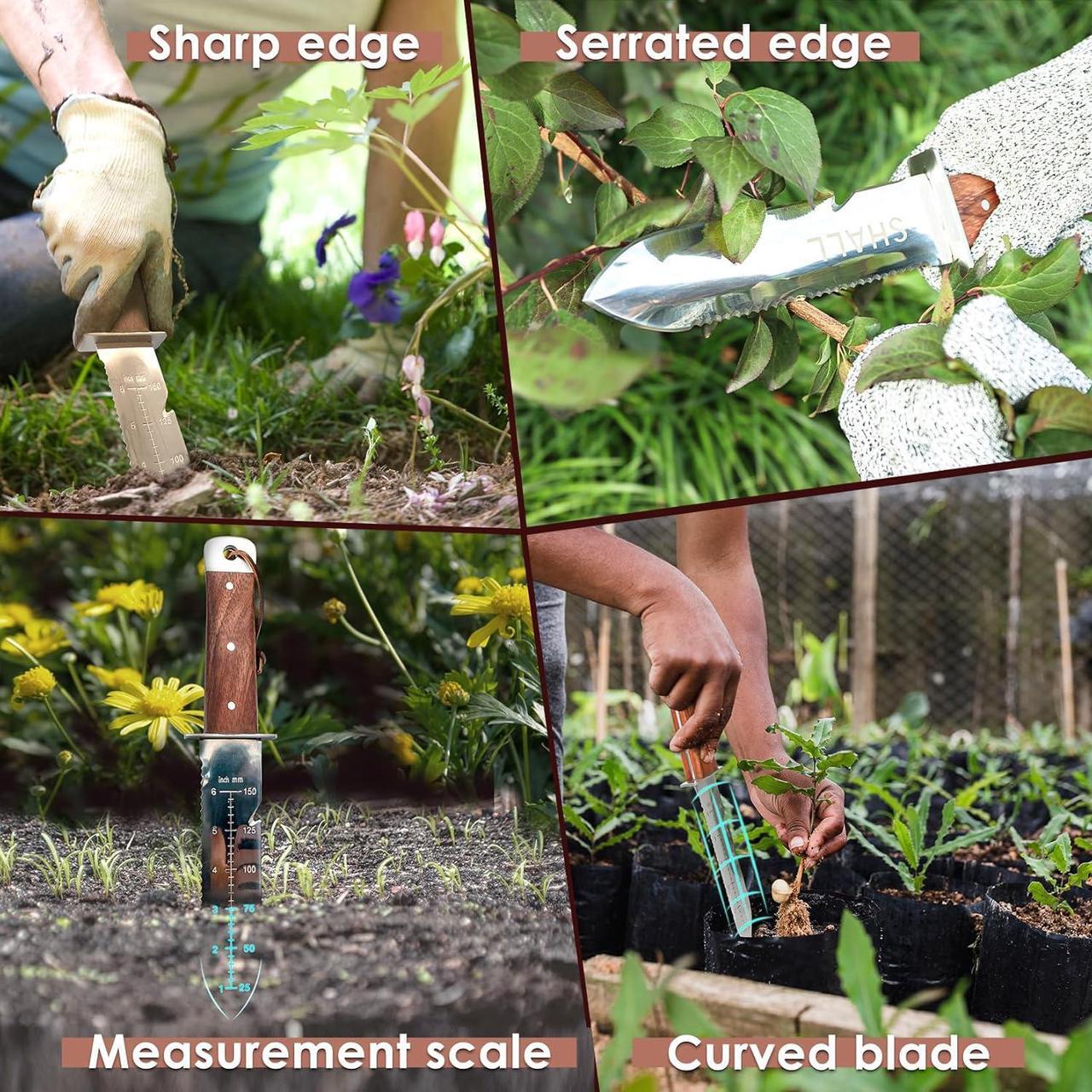 Alt view image 5 of 7 - SHALL Hori Hori, Japanese Garden Knife, Soil Knife with Leather Sheath, Rosewood Handle & Hide Rope, 7 Stainless Steel Blade, Rope Cutting Edge, for Digging, Weeding, Planting, Full-Tang