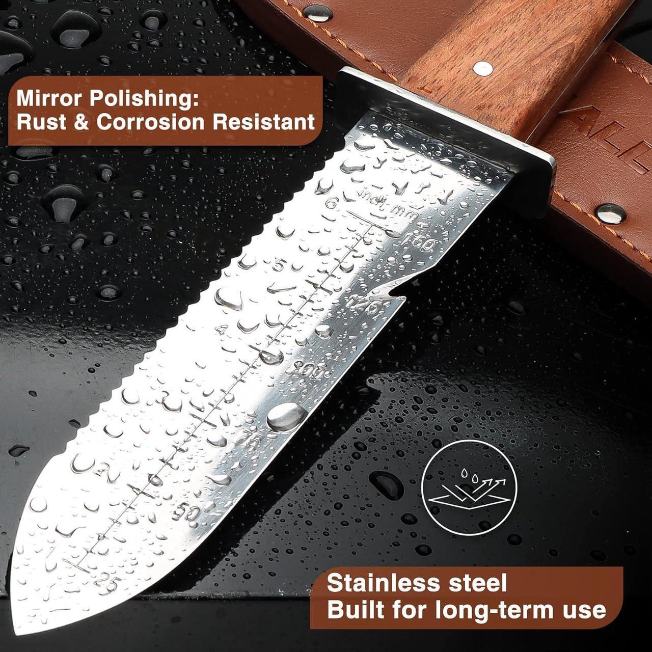 Alt view image 7 of 7 - SHALL Hori Hori, Japanese Garden Knife, Soil Knife with Leather Sheath, Rosewood Handle & Hide Rope, 7 Stainless Steel Blade, Rope Cutting Edge, for Digging, Weeding, Planting, Full-Tang