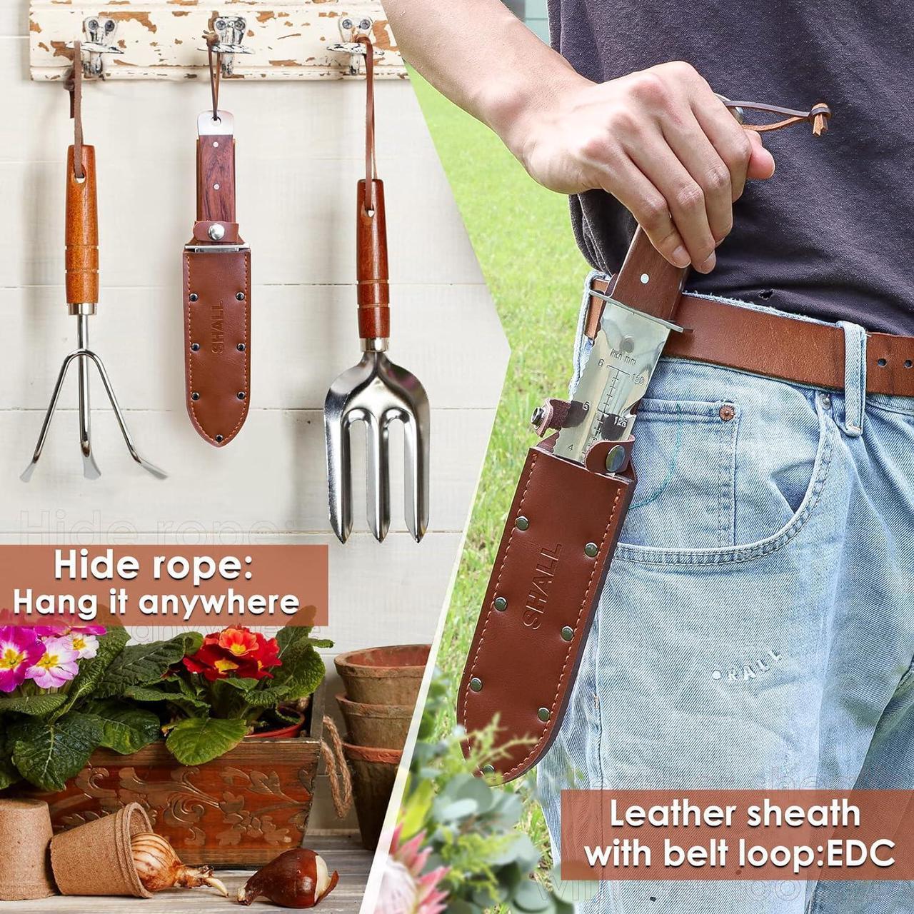 Alt view image 6 of 7 - SHALL Hori Hori, Japanese Garden Knife, Soil Knife with Leather Sheath, Rosewood Handle & Hide Rope, 7 Stainless Steel Blade, Rope Cutting Edge, for Digging, Weeding, Planting, Full-Tang