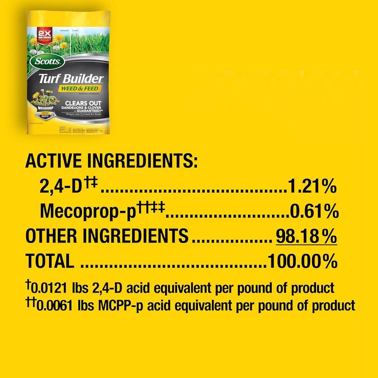 Alt view image 2 of 7 - Scotts Turf Builder Weed & Feed3, Weed Killer Plus Lawn Fertilizer, Controls Dandelion and Clover, 15,000 sq. ft., 42.87 lbs.