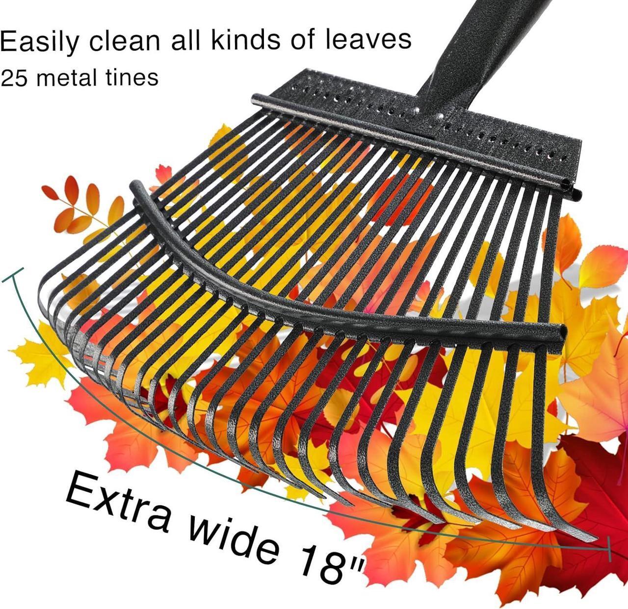 Alt view image 2 of 6 - Garden Leaf Rake, Shrub Rake for Leaves Long Handle Heavy Duty, 18" Width Metal Mulch Rake for Gardening, Flower Beds, Lawn, Yard, 6ft