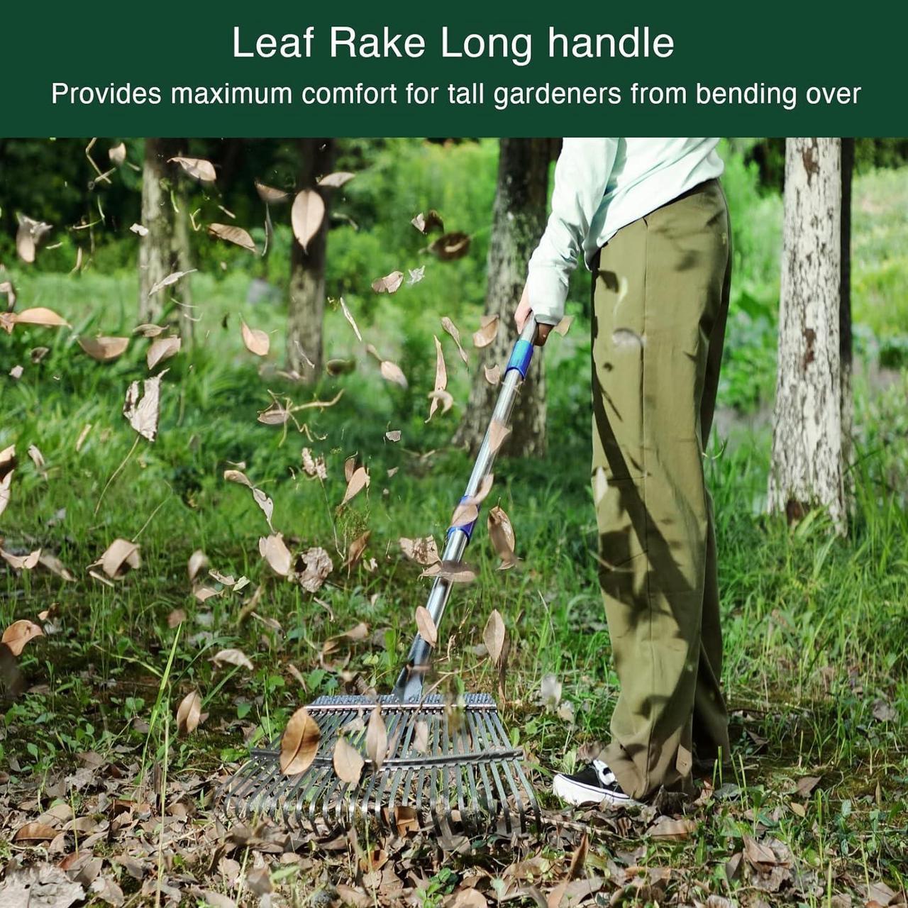 Alt view image 4 of 6 - Garden Leaf Rake, Shrub Rake for Leaves Long Handle Heavy Duty, 18" Width Metal Mulch Rake for Gardening, Flower Beds, Lawn, Yard, 6ft