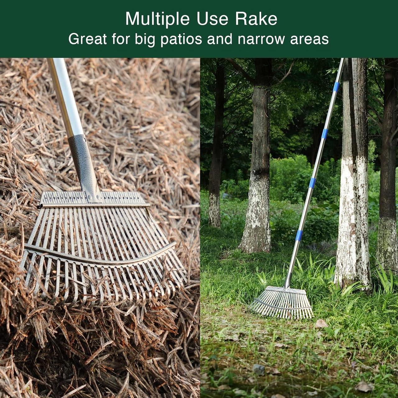 Alt view image 6 of 6 - Garden Leaf Rake, Shrub Rake for Leaves Long Handle Heavy Duty, 18" Width Metal Mulch Rake for Gardening, Flower Beds, Lawn, Yard, 6ft