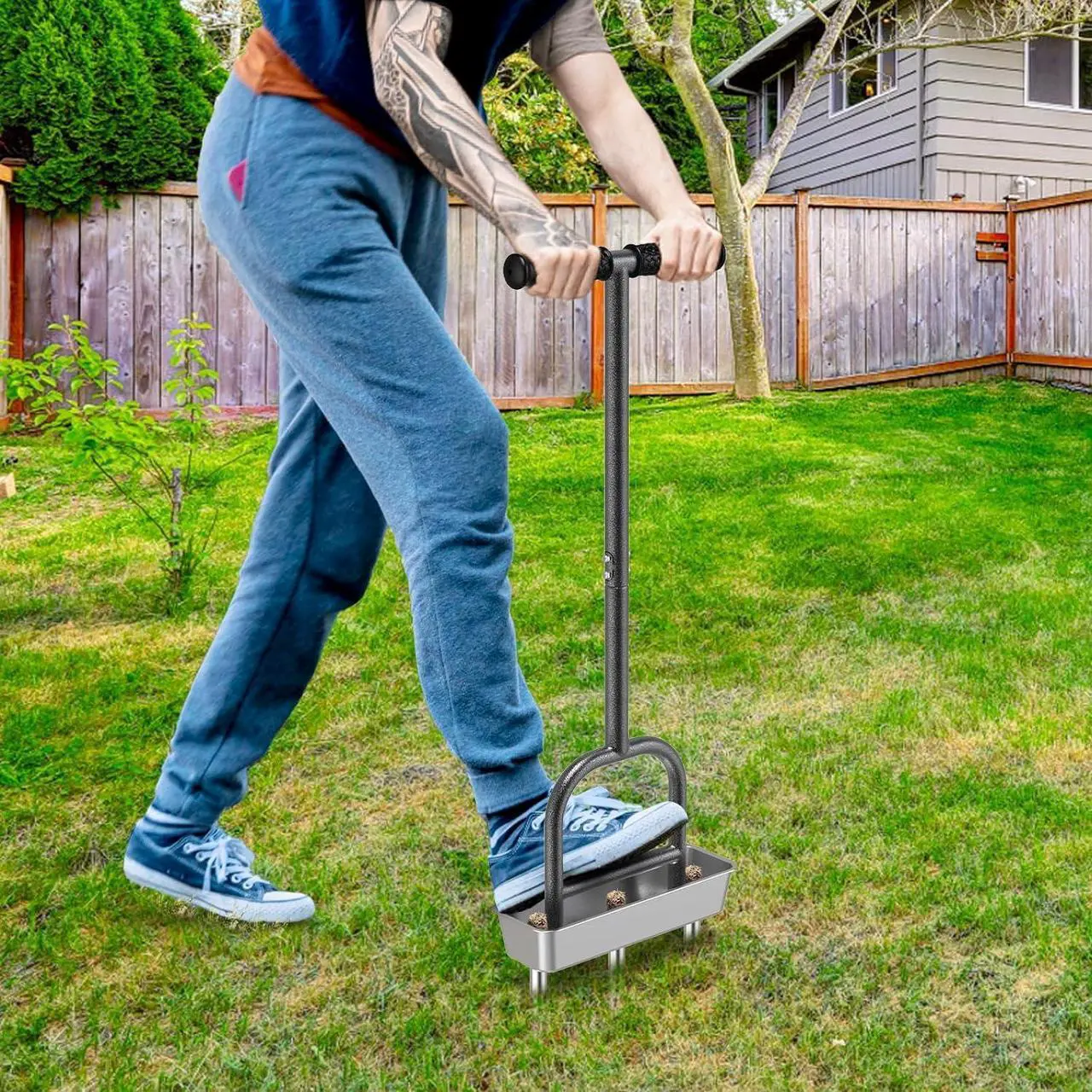 Alt view image 2 of 7 - Dolibest Lawn Coring Aerator, Manual Lawn Aerator, 3 Stainless Steel Corer Plug Aerator with Soil Core Storage Tray, Pre-Assembled Manual Grass Aerating Tool & Clean Hand Tool, Improving Lawn Health