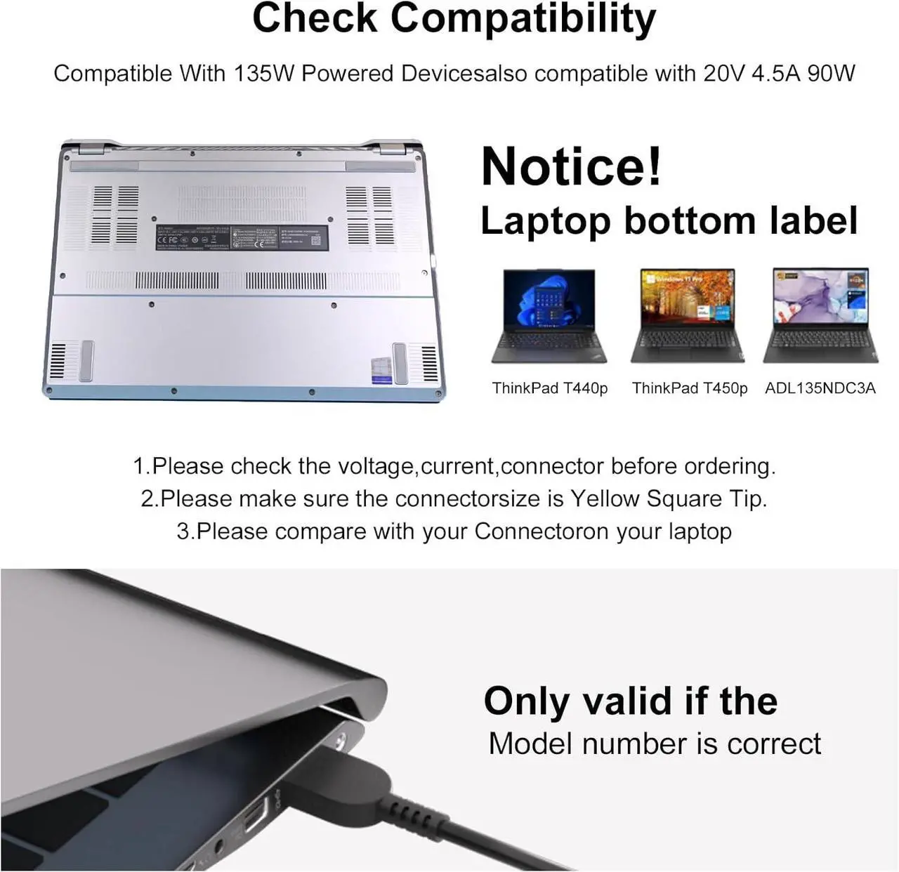 Alt view image 6 of 7 - 135W AC Power Charger for Lenovo Ideapad Gaming 3 Y700 700 S740 L340 Creator 5 7 IdeaPad 5 Pro Yoga Slim 7 Pro C940 Y70 Y50 Y40 Yoga 9-15IMH5 Legion Y520 ThinkPad T15p P15v P16v ThinkBook 15P Laptop