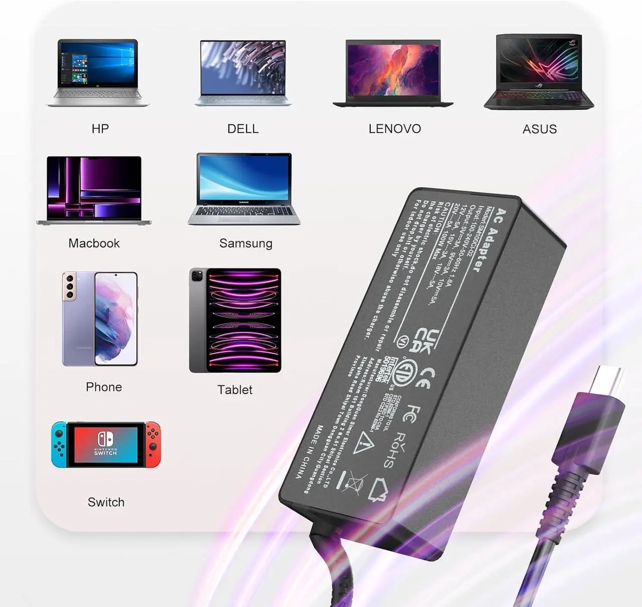 Alt view image 2 of 7 - 100W 65W USB C Charger for Asus ROG Ally X Z1 Ally Dock ROG Flow X13 Z13 GV301 GV302 GZ301 Duo 14 15 16 UX8406 Vivobook S 14 15 16X 14X ZenBook 14 14X S13 Zephyrus G16 M16 G15 G14 S17 Strix G18 G16