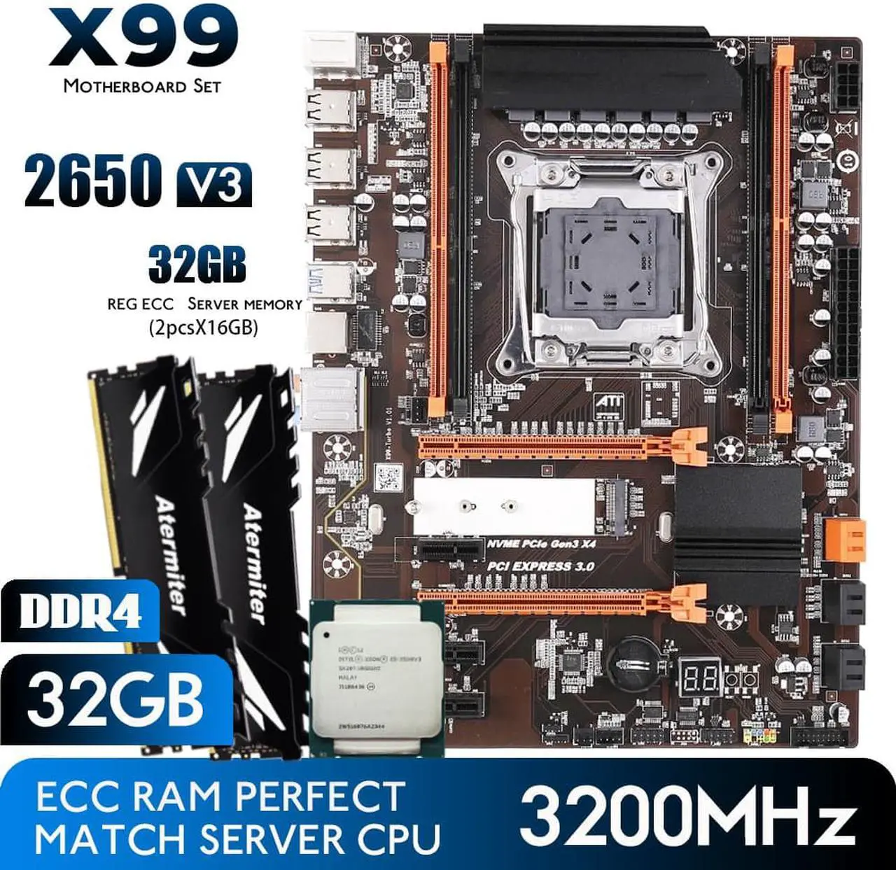 Main image of Atermiter X99 B85 Motherboard Kit Set With LGA 2011-3 Intel Xeon E5 2650 V3 CPU Processor 2pcs x 16GB DDR4 3200MHz 32GB REG ECC RAM Memory Combos