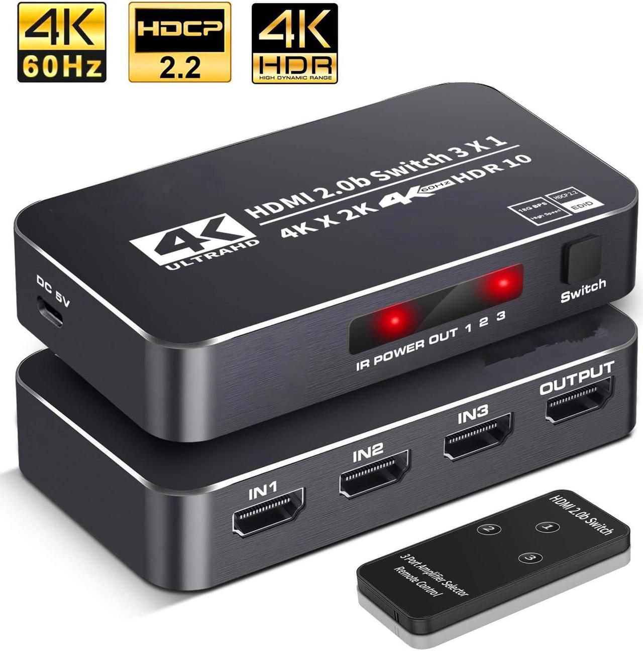 4K HDR HDMI Switch, AUBEAMTO 3 Ports 4K 60Hz HDMI 2.0 Switcher Selector with IR Remote, Supports Ultra HD Dolby Vision, High Speed (Max to 18.5Gbps), HDR10, HDCP 2.2 & 3D