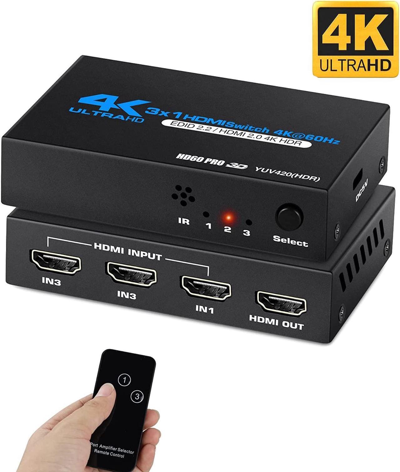 4K@60Hz HDMI Switch, AUBEAMTO HDMI Switch 3 in 1 Out with Remote Control, 3-Port HDMI Switcher Selector, Supports 4K, 3D, HDCP2.2, HDMI2.0, HDR, for Fire Stick, HDTV, PS4/5, Game Consoles, PC