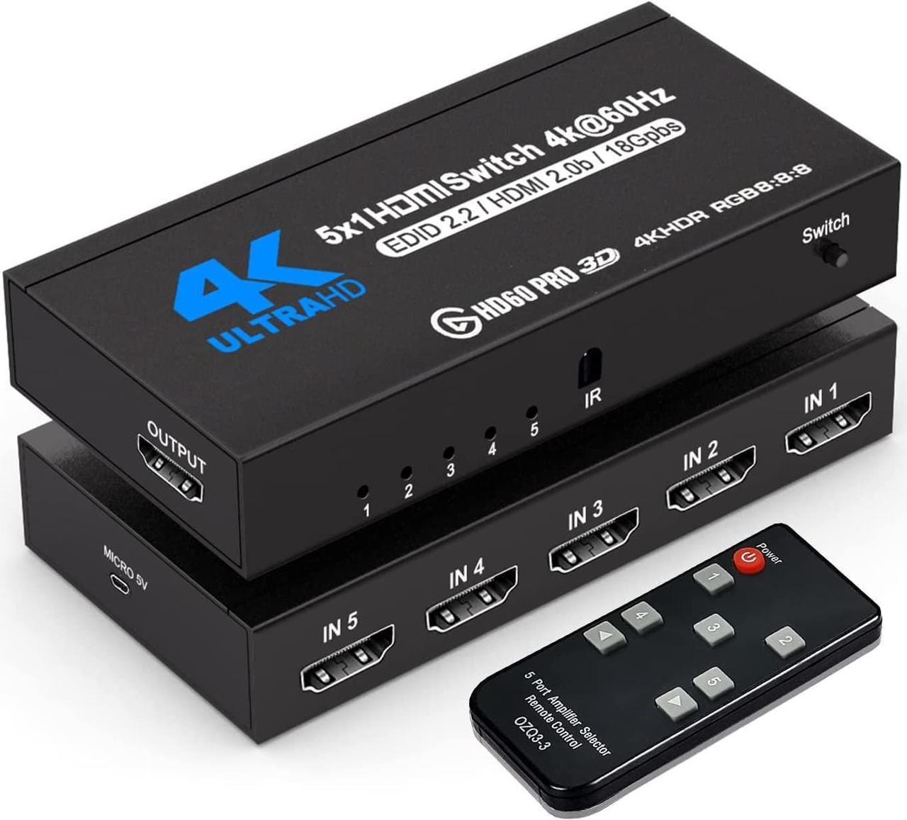 HDMI Switch with Remote 5 Port 4K 60Hz, AUBEAMTO 5 in 1 Out HDMI Switcher Hub Selector Box Supports Ultra HD Dolby Vision, High Speed (Max to 18.5Gbps), HDR10, HDMI 2.0 HDCP 2.2 & 3D