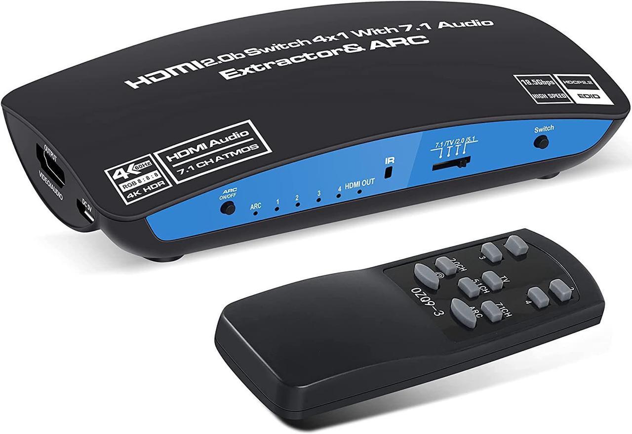 4K@60Hz HDMI Switch 4x1 with 7.1 Audio Extractor, AUBEAMTO 4 Port HDMI2.0b Switch Box with HDMI Atmos 7.1CH/ Optical 5.1CH/3.5mm Audio Out, HDMI Selector Switch with Remote