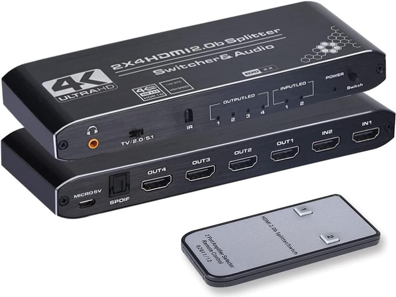 4K HDMI Splitter 2x4,AUBEAMTO HDMI Switch 2 in 4 Out Switcher Box with Audio Extractor and IR Remote Control, Support Ultra 4K HDR,4Kx2K@60Hz, 3D, 1080P,HDMI 2.0b, HDCP 2.2