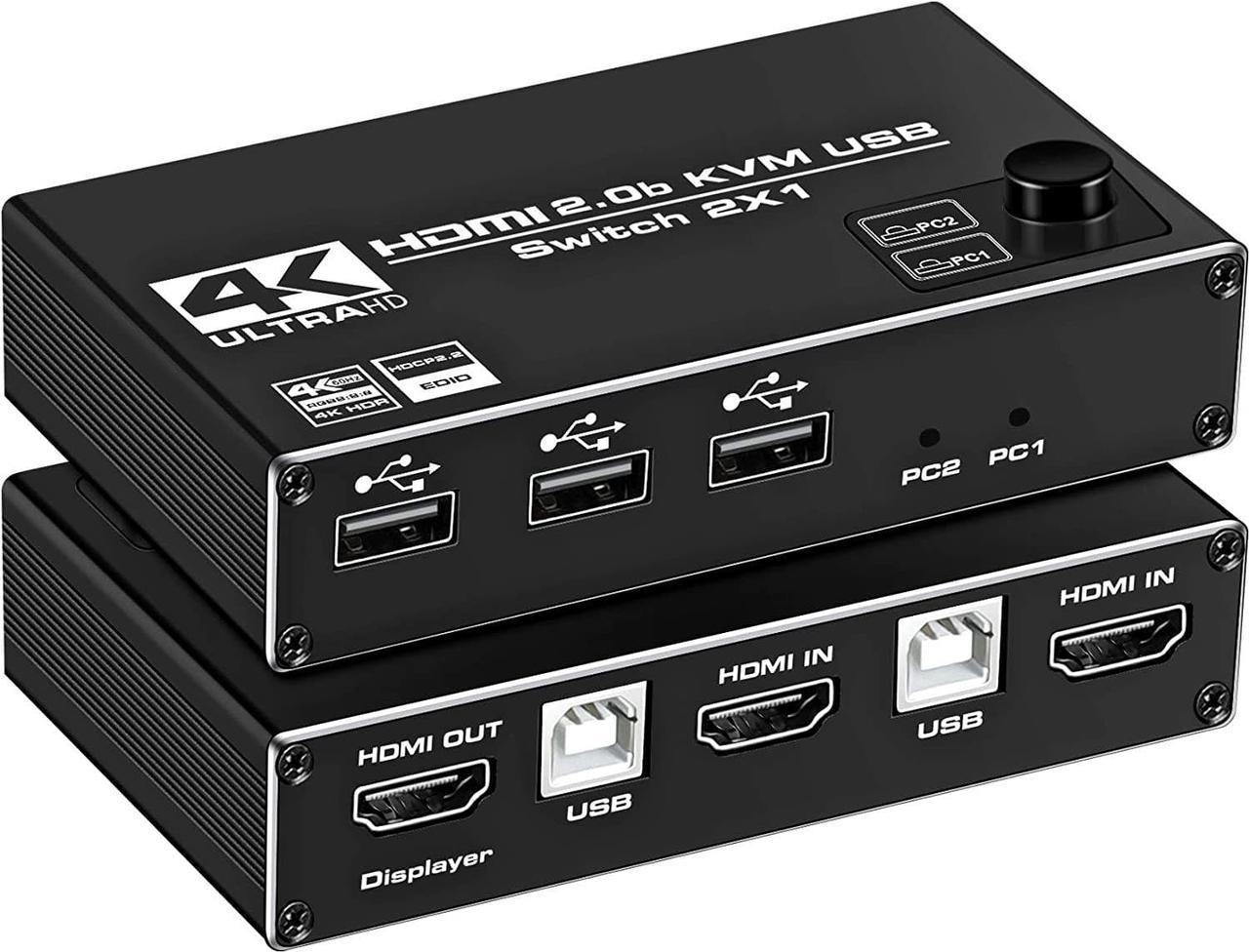 HDMI KVM Switch, 4K@60Hz USB Switch 2x1 HDMI2.0 Ports + 3X USB KVM Ports, Share 2 Computers to one Monitor, Support Wireless Keyboard and Mouse, USB Disk, Printer, USB Camera (Included 2 USB Cable)