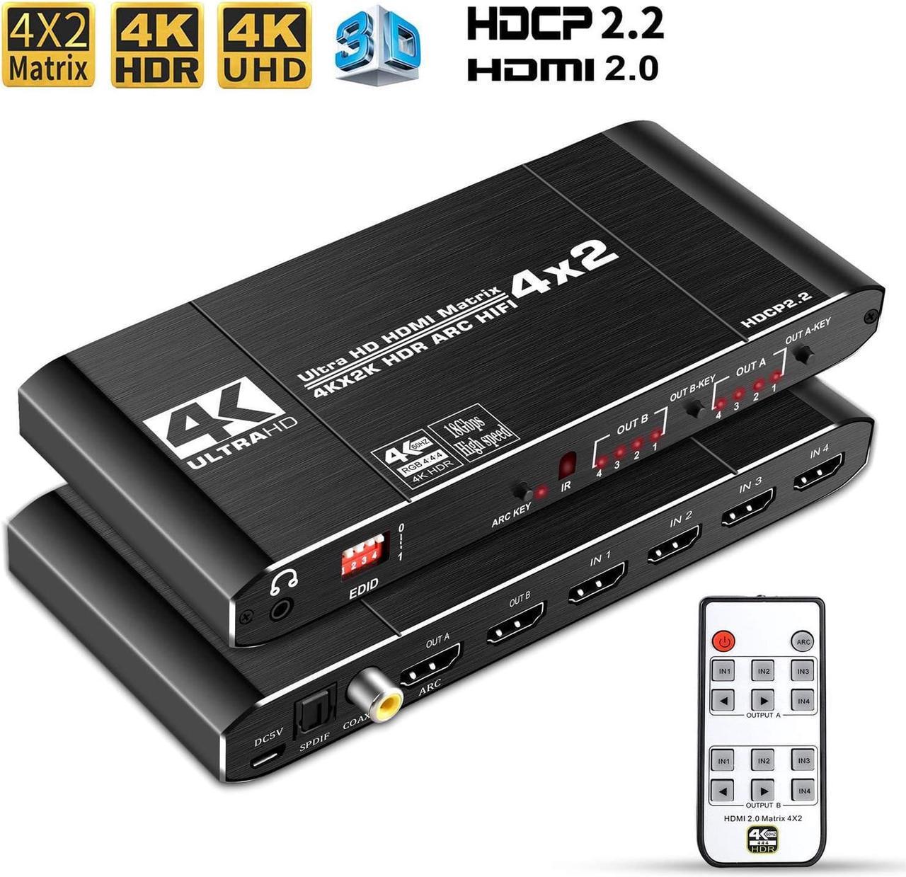 AUBEAMTO HDMI 2.0 Matrix Switcher Splitter 4x2 4K@60Hz HDR UHD 18Gbps ARC Audio Extractor SPDIF Coaxial 3.5mm Audio EDID Setting HDCP2.2