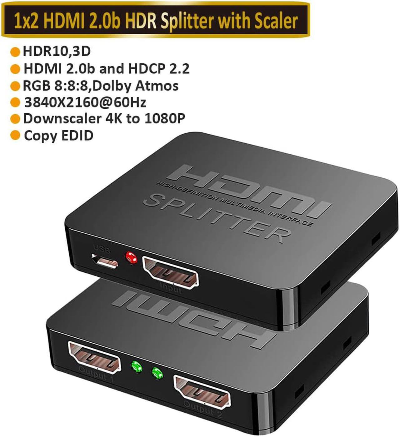 HDMI Splitter 4K@60Hz, HDMI Splitter 1 in 2 Out, HDMI Splitter for Dual Monitors Only Duplicate/Mirror Screens, Support HDMI2.0b, HDCP2.2, 18.5Gbps, Auto Scaling, Full HD 1080P 3D