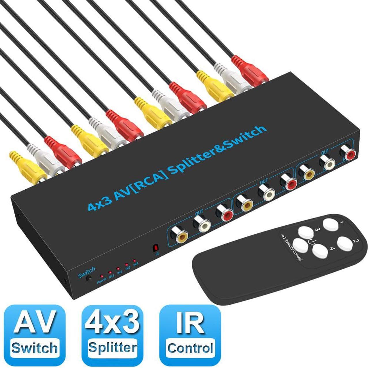 AUBEAMTO RCA AV Switch Splitter Box 4 in 3 out AV Audio Video Signal Composite for HDTV LCD DVD 3 RCA Switcher 4 to 1 Selector