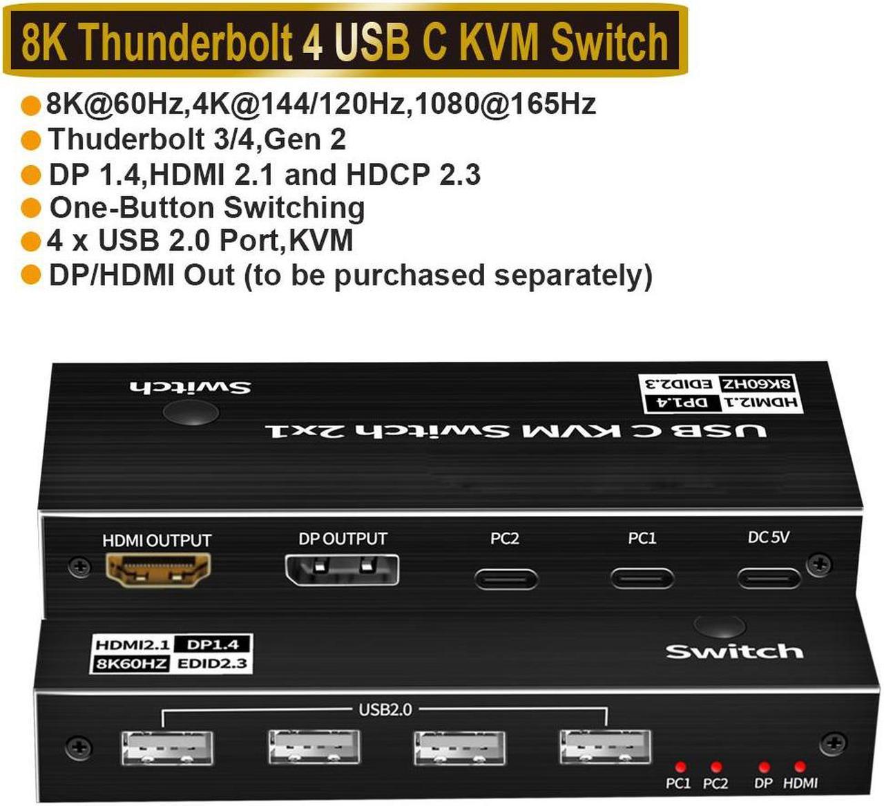 2x1 USB-C KVM Switch,AUBEAMTO 8K 60Hz USB-C Switch Box, 2 PC Input 1 DisplayPort / HDMI Monitor Output, 2 Laptop Share 4 USB Devices Support One Button switching for Macbook Laptop PC