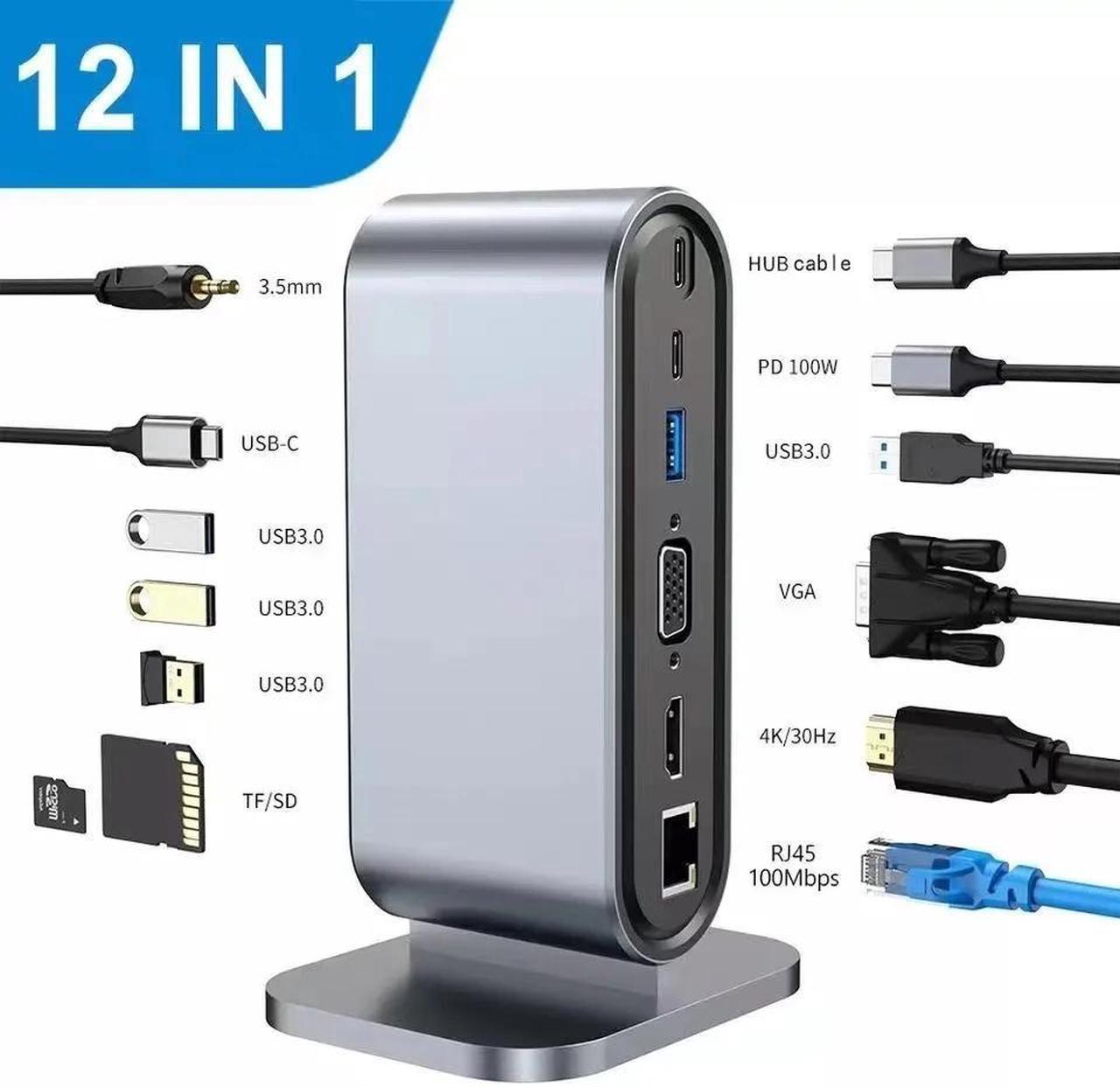 12 Ports USB C Docking Station - AUBEAMTO 12-in-1 USB C Hub Dock Laptop Display Docking Station Universal Port with 4K HDMI Monitor,100W PD,Ethernet,VGA,Audio,SD/TF,USB 3.0 Adapter for Mac Computer