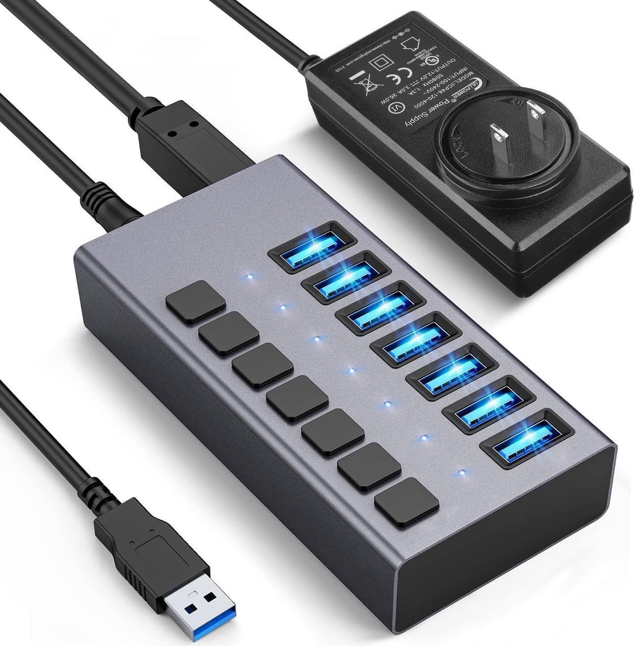 Powered USB Hub -  7 Ports 36W USB 3.0 Data Port & Charge Port, Aluminum Housing, Individual On/Off Switches, 12V/3A Power Adapter, 5Gbps High Speed, USB 3.0 Hub for Laptop, PC, Computer, Mobile HDD