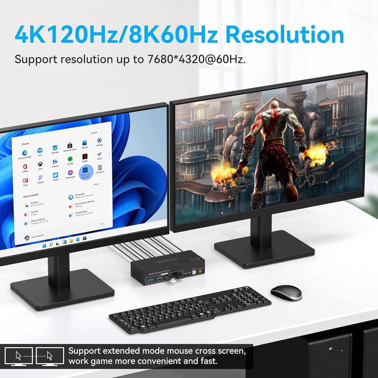 Alt view image 2 of 7 - 8K KVM Switch HDMI 2 Monitors 2 Computers Support 8K@60Hz 4K@120Hz KVM Switcher PC Display Share 2 Monitors and 4 USB 3.0 Support Copy and Extend Mode Includes Desktop Control and Power Adapter