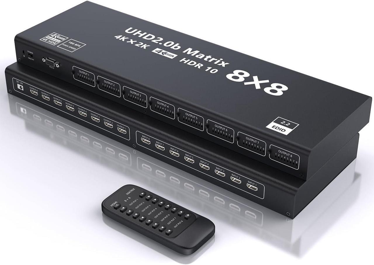 AUBEAMTO HDMI Matrix 8x8 4K@60Hz Video Matrix 8 in 8 Out Seamless Switcher&Splitter Combined 3 Modes with Charging Head IR Remote Support HDMI2.0 RGB888/YUV444 RS232 Panel Key HDCP2.2 HDR10 3D etc