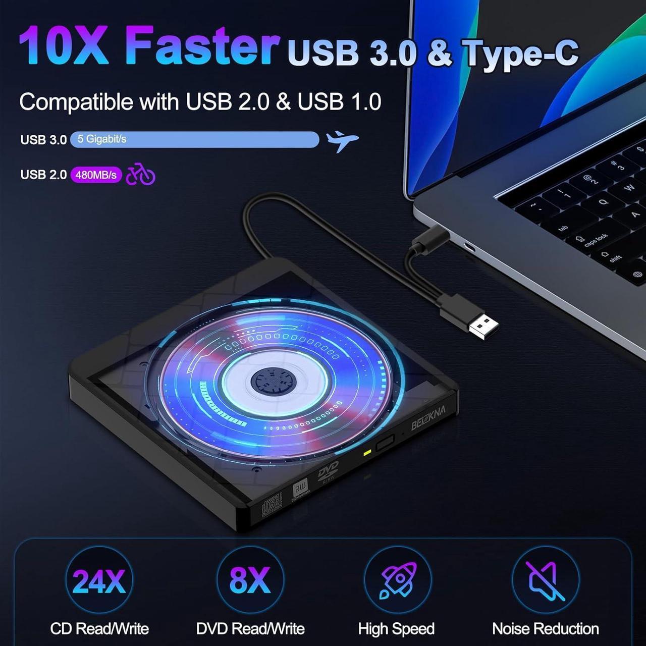 Alt view image 3 of 7 - AUBEAMTO External CD DVD Drive for Laptop USB 3.0 & USB-C Portable DVD Player for CD ROM +/-RW Burner Reader Writer Optical Disc Drive for PC,Mac,Desktop,Windows 11/10/ 8/7/ XP/ 2003/ Vista/Linux