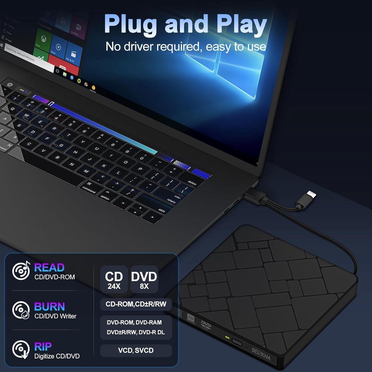 Alt view image 2 of 7 - AUBEAMTO External CD DVD Drive for Laptop USB 3.0 & USB-C Portable DVD Player for CD ROM +/-RW Burner Reader Writer Optical Disc Drive for PC,Mac,Desktop,Windows 11/10/ 8/7/ XP/ 2003/ Vista/Linux