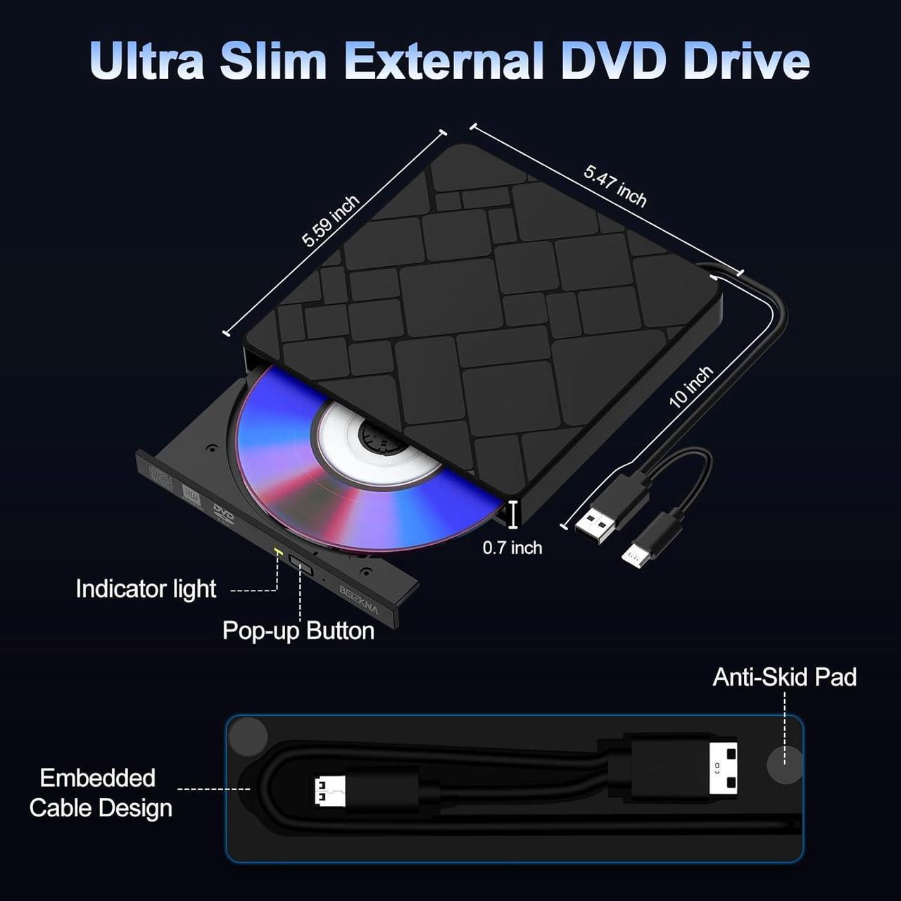 Alt view image 6 of 7 - AUBEAMTO External CD DVD Drive for Laptop USB 3.0 & USB-C Portable DVD Player for CD ROM +/-RW Burner Reader Writer Optical Disc Drive for PC,Mac,Desktop,Windows 11/10/ 8/7/ XP/ 2003/ Vista/Linux