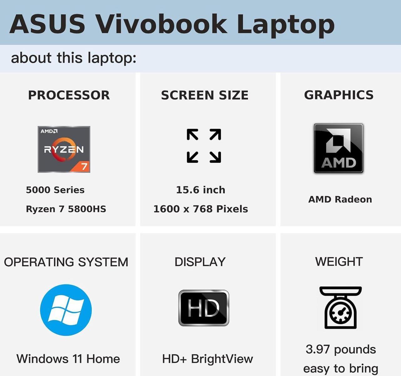 ASUS Vivobook 16 Laptop, 16" HD Display, AMD Ryzen 7 5800HS 8 core Processor, AMD Radeon Graphics, 36GB DDR4  1TB PCIe SSD, WiFi 6, Chiclet Keyboard, Windows 11 Pro