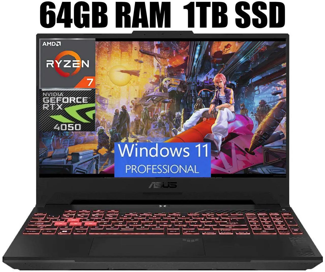 Main image of ASUS TUF Gaming A15 Gaming Laptop, 15.6" 144Hz Full HD (1920x1080) Display, AMD Ryzen 7 7735HS 8 Cores, NVIDIA GeForce RTX 4050 6GB GDDR6, Wi-Fi 6E, 64GB DDR5  1TB PCIe SSD, Windows 11 Pro