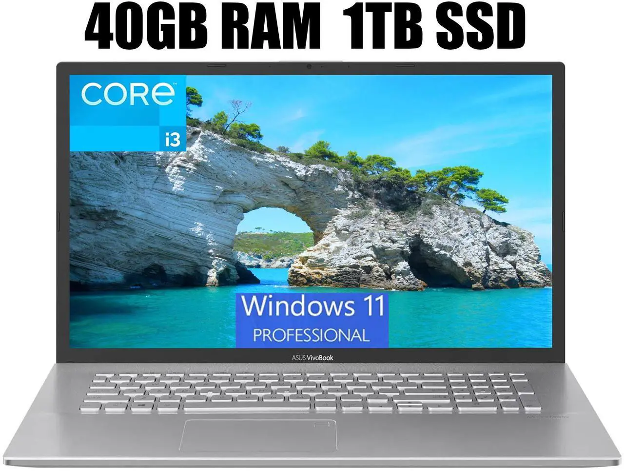 Main image of ASUS Vivobook 17 Laptop, 17.3" FHD (1920x1080) Display, Intel Core i3-1220P 10 Core Processor, Intel UHD Graphics, Wi-Fi 6, Bluetooth, Silver, 40GB DDR4  1TB PCIe SSD, Windows 11 Pro