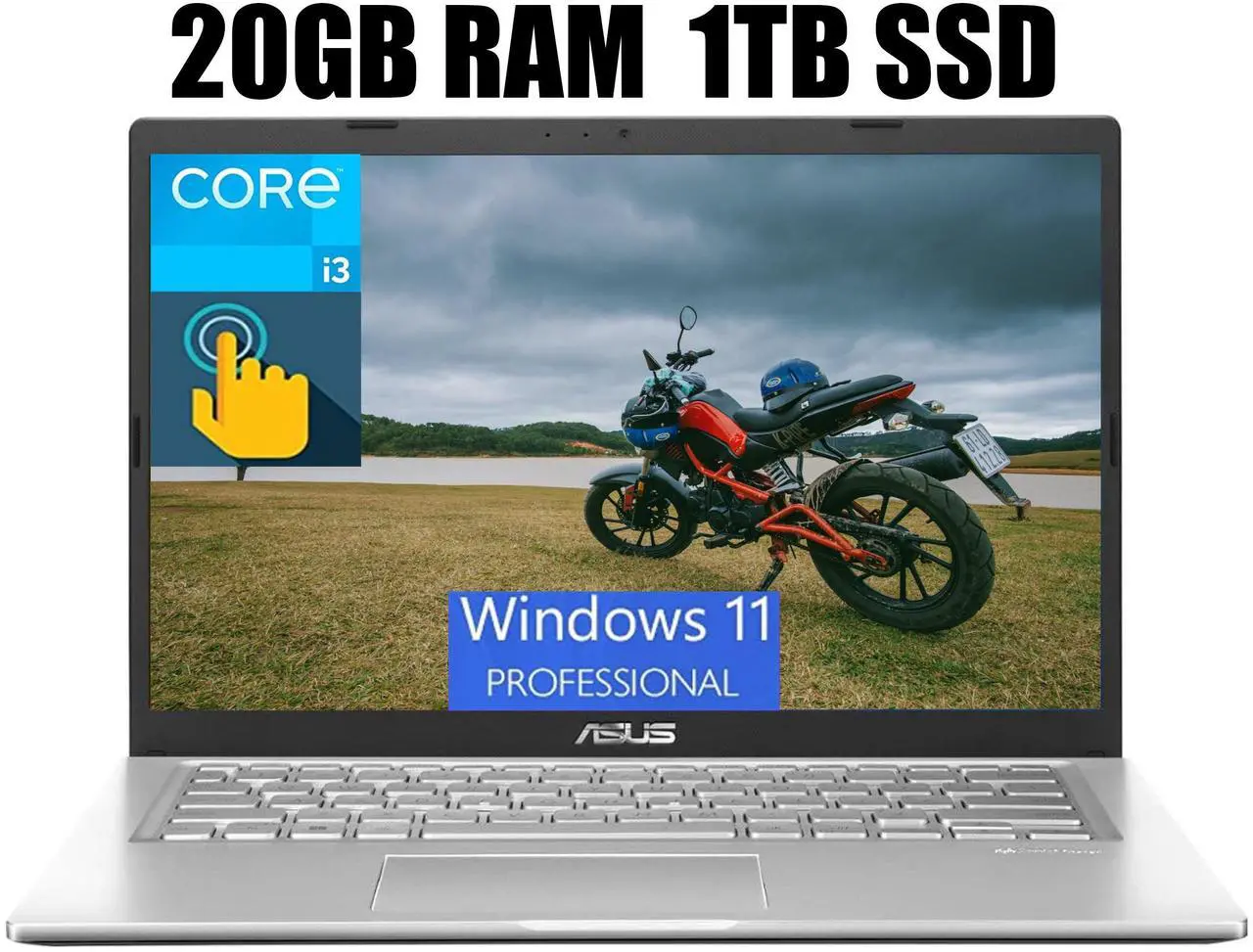 Main image of ASUS Vivobook 14 Laptop, 14" HD Touchscreen, 11th Gen Intel Core i3-1115G4 2 cores Processor, Intel UHD Graphics, HDMI, Webcam, 20GB DDR4  1TB PCIe SSD, Windows 11 Pro
