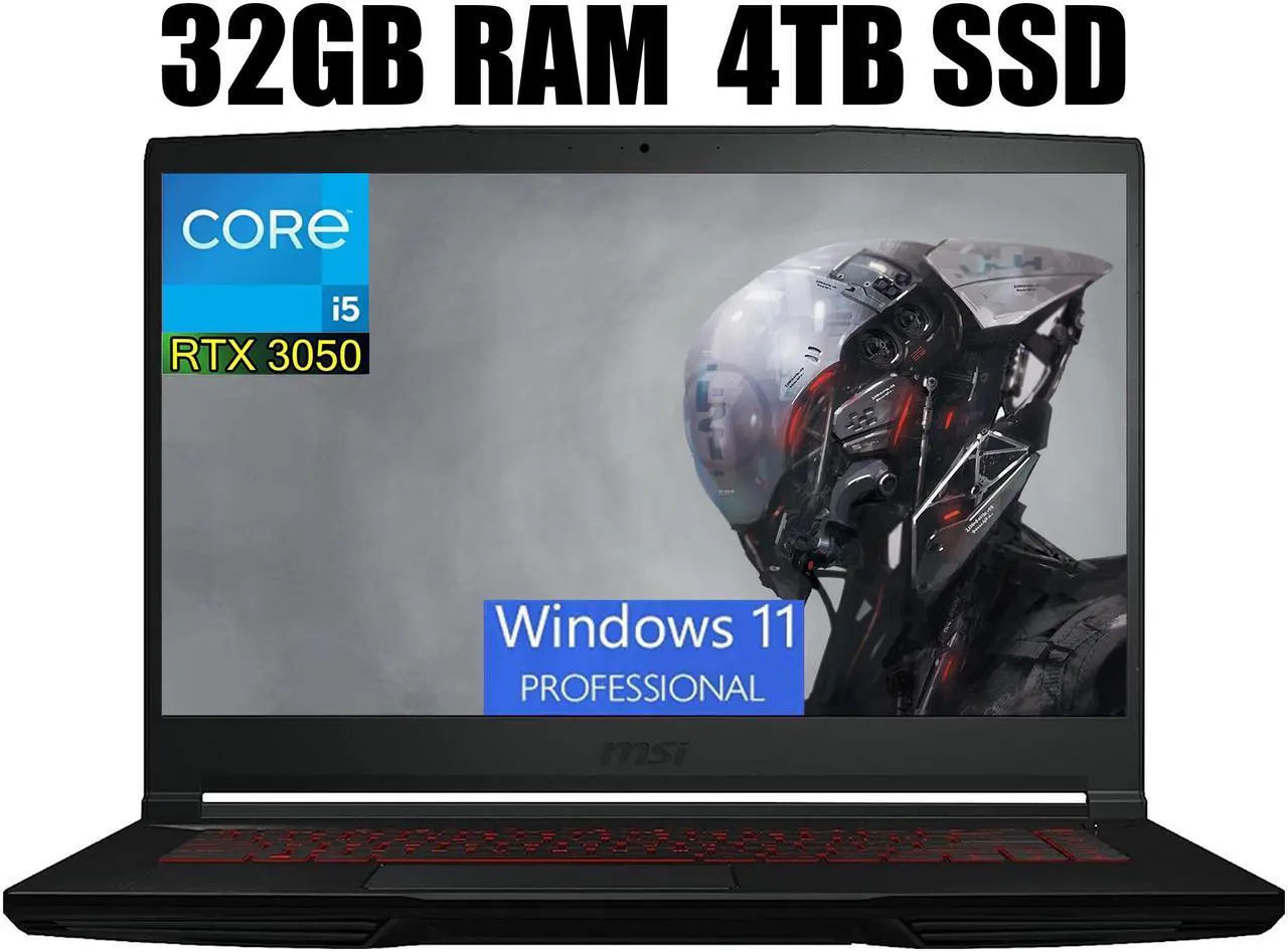 Main image of MSI GF63 Thin 15 Gaming Laptop, 15.6" FHD 144Hz, Intel Core i5-11400H 6 Cores Processors, GeForce RTX 3050 4 GB GDDR6, Wi-Fi 6 + Bluetooth, 32GB DDR4  4TB PCIe SSD, Windows 11 Pro