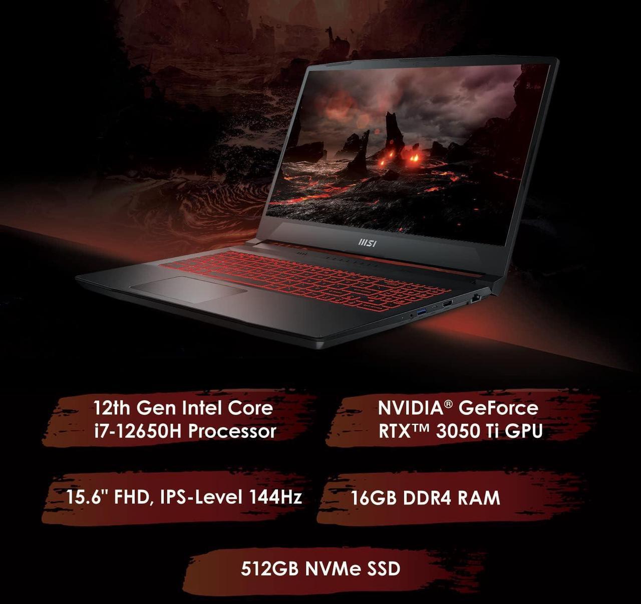 Alt view image 3 of 7 - MSI Katana GF66 15 Gaming Laptop, 15.6" 144Hz Display, Intel Core i7-12650H 10 cores Processor, NVIDIA GeForce RTX 3050 Ti 4 GB, Cooler Boost 5, 16GB DDR4  2TB PCIe SSD, Windows 11