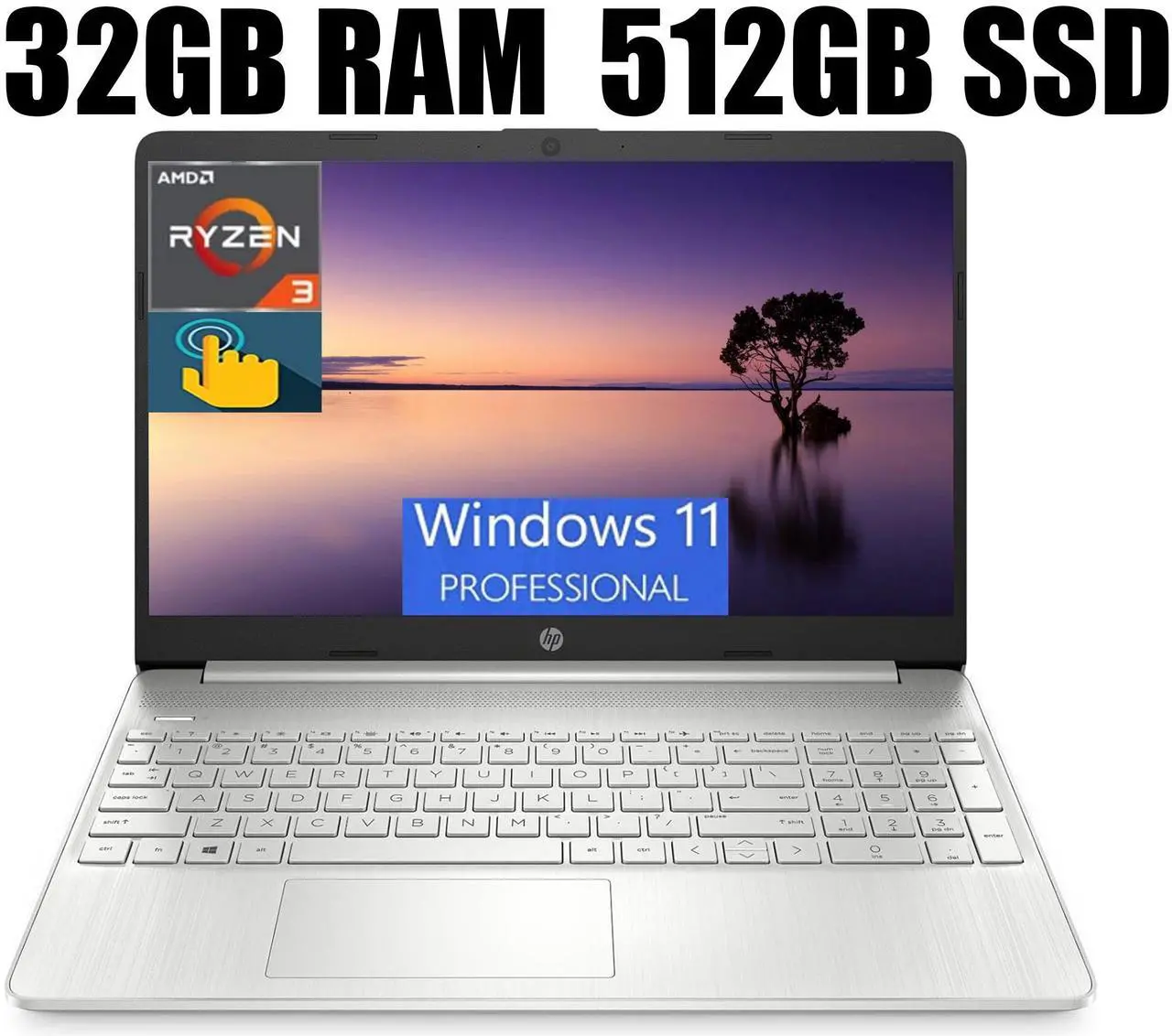 Main image of HP 15 Laptop, 15.6" HD Touchscreen, AMD Ryzen 3 3250U Dual-Core Processor, AMD Radeon Graphics, 720p Webcam, 32GB DDR4  512GB PCIe SSD, Windows 11 Pro