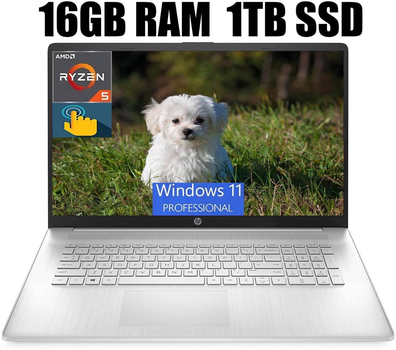 Main image of HP 17 Laptop, 17.3" HD+ (1600 x 900) Touchscreen, AMD Ryzen 5 5500U 6 cores Processor, AMD Radeon Graphics, Wi-Fi, Bluetooth, 720p HD Camera, 16GB DDR4  1TB PCIe SSD, Windows 11 Pro