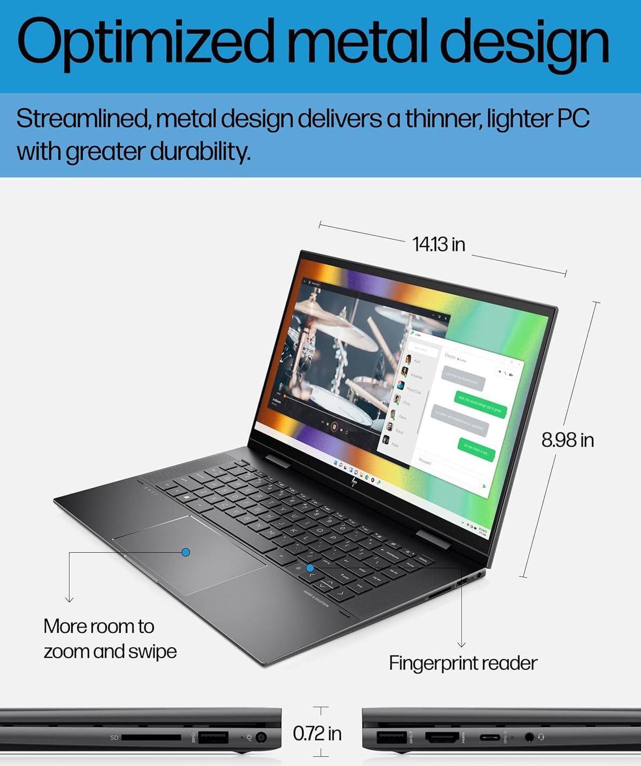 Alt view image 6 of 7 - HP ENVY x360 15 Laptop, 15.6" FHD Touchscreen, AMD Ryzen 7 5825U Octa-Core processor, AMD Radeon Graphics, 16GB DDR4  1TB PCIe SSD, USB-C HDMI Fingerprint, Windows 11Pro