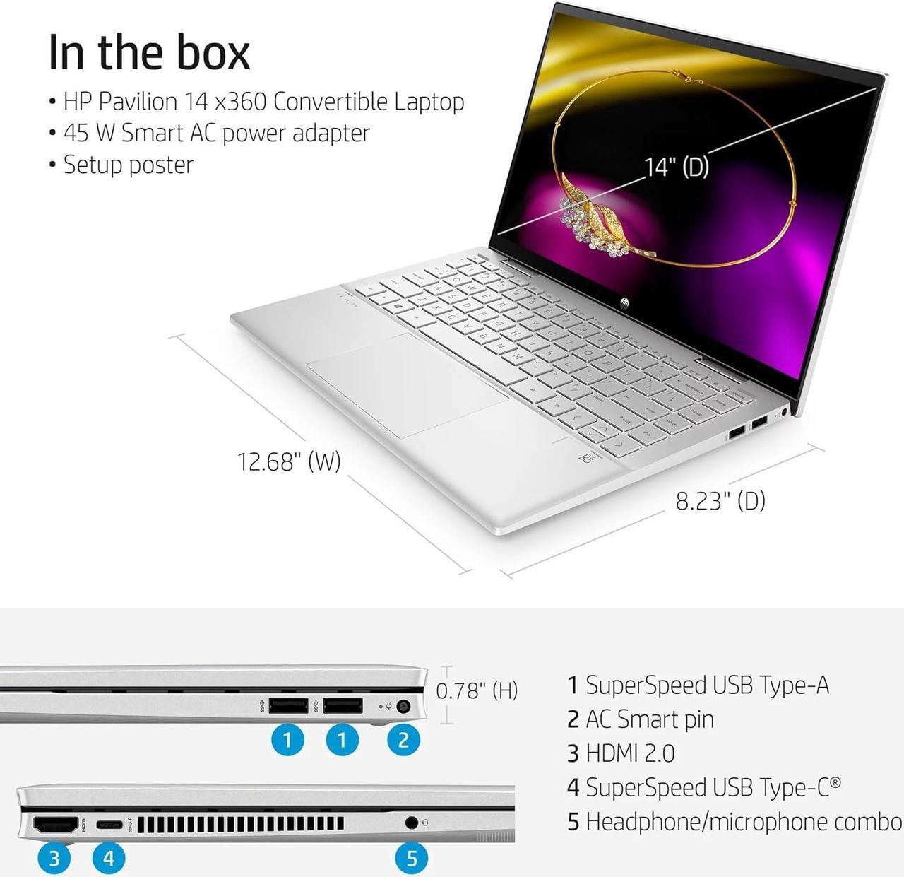 Alt view image 6 of 6 - HP Pavilion x360 14 Laptop, 14" FHD Touchscreen, Intel Core i5-1235U 10 Cores Processor, Intel Iris Xe Graphics, 32GB DDR4  2TB PCIe SSD, Wi-Fi 6 and Bluetooth, Windows 11 Pro