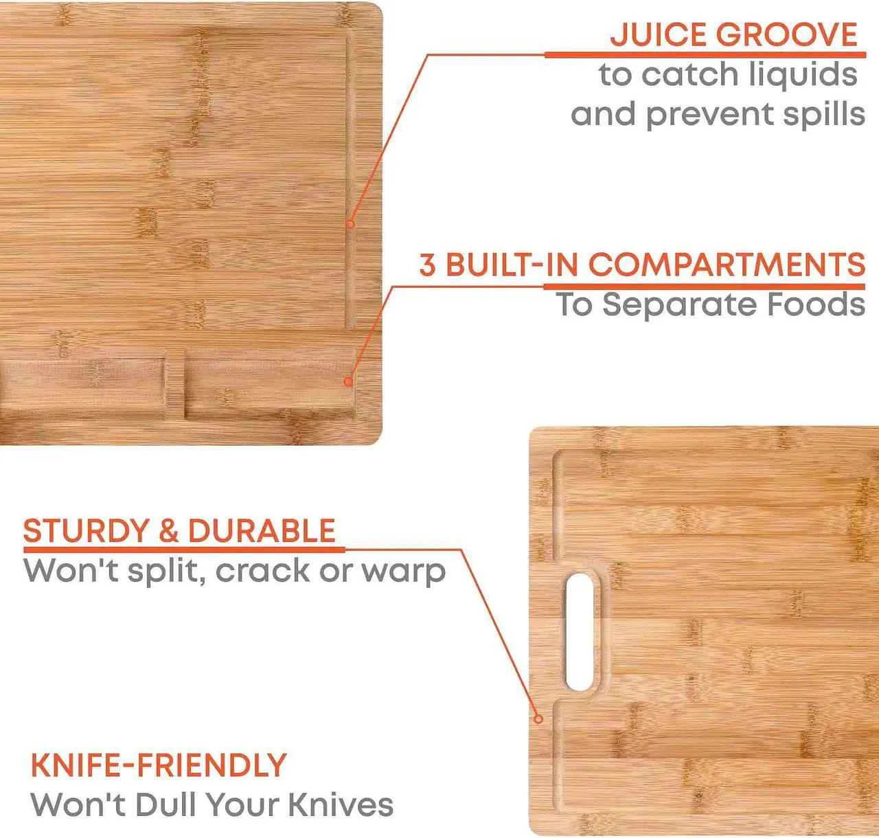 Alt view image 7 of 7 - Wood Cutting Board for Kitchen 17x12 inch - Extra Large Bamboo Cutting Board with Juice Groove and Integrated Containers - Butcher Block, Wooden Chopping Board, Serving Tray - BlauKe®