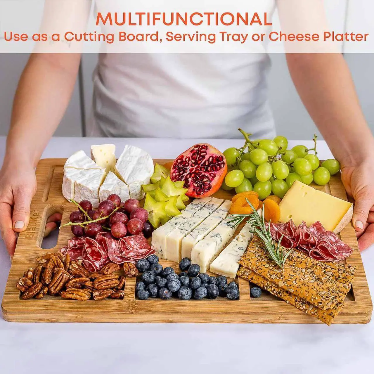 Alt view image 5 of 7 - Wood Cutting Board for Kitchen 17x12 inch - Extra Large Bamboo Cutting Board with Juice Groove and Integrated Containers - Butcher Block, Wooden Chopping Board, Serving Tray - BlauKe®