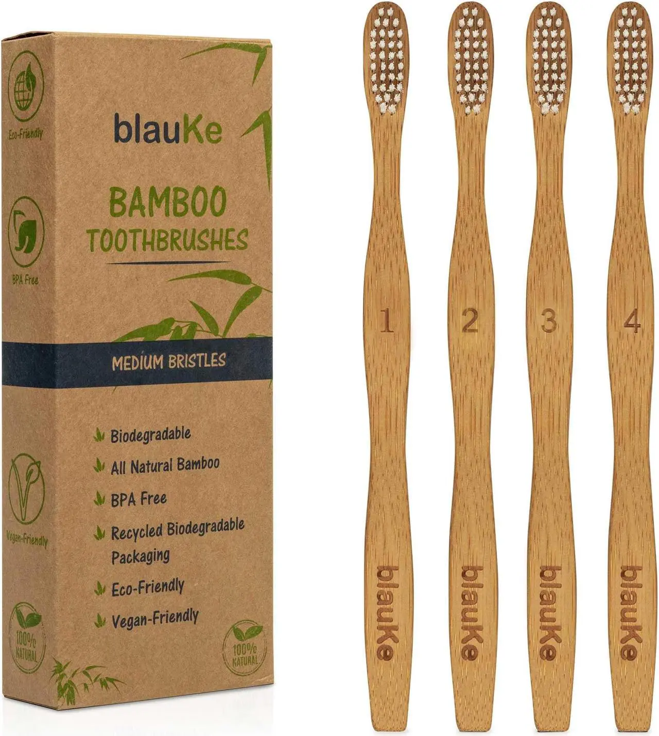 Main image of Bamboo Toothbrushes Medium Bristles 4-Pack - Biodegradable, Sustainable, Compostable, Natural, Eco-Friendly - Wood Toothbrush Set - BlauKe®