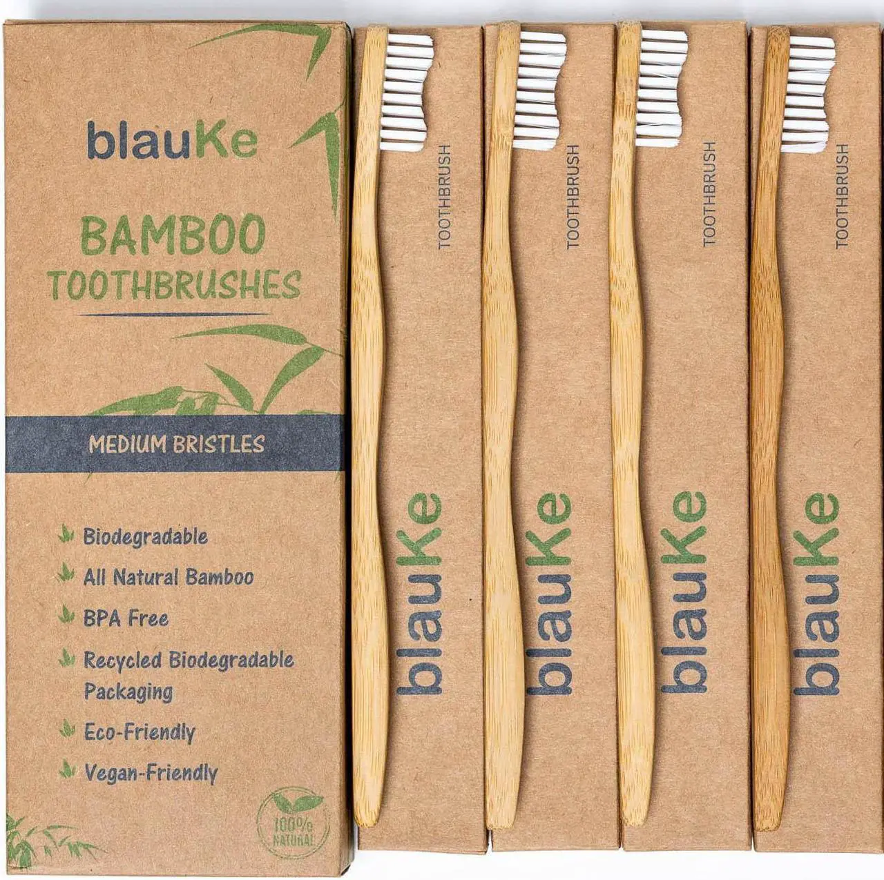 Alt view image 5 of 7 - Bamboo Toothbrushes Medium Bristles 4-Pack - Biodegradable, Sustainable, Compostable, Natural, Eco-Friendly - Wood Toothbrush Set - BlauKe®