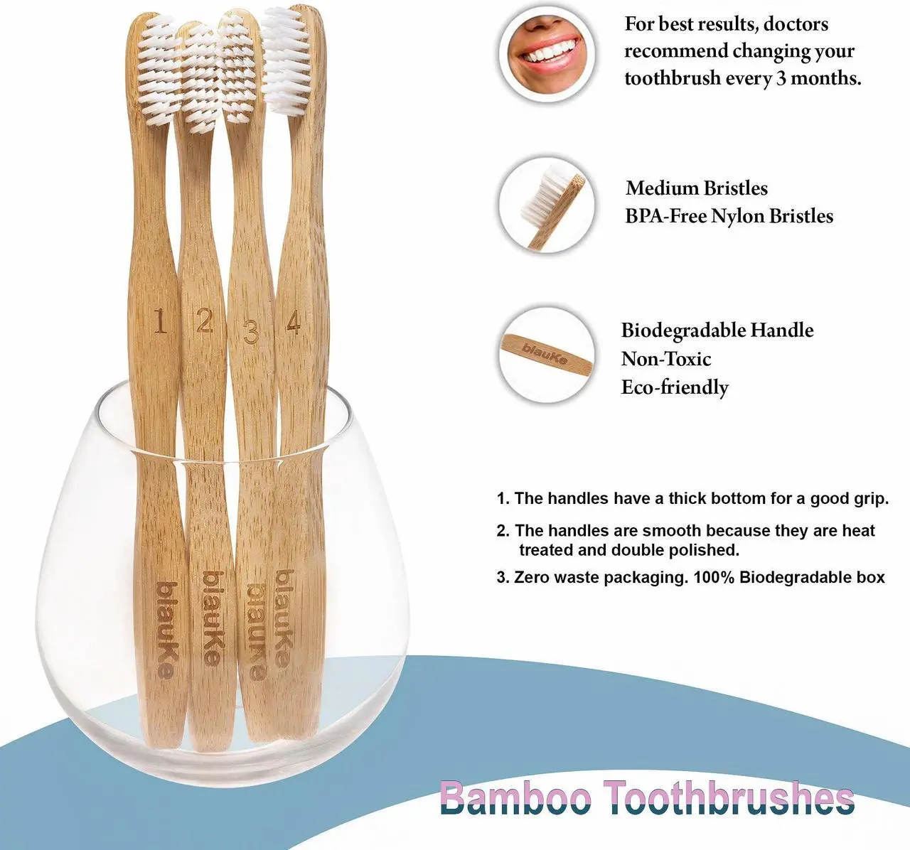 Alt view image 6 of 7 - Bamboo Toothbrushes Medium Bristles 4-Pack - Biodegradable, Sustainable, Compostable, Natural, Eco-Friendly - Wood Toothbrush Set - BlauKe®